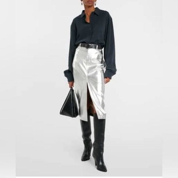 ZARA Stunning Silver Faux Leather Metallic Midi w/Broad Waistband & back slit🔥🔥🔥 - Picture 7 of 12